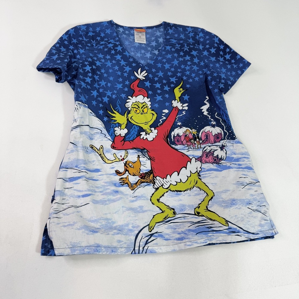 Dr Seuss Grinch Shirt Womens XS Blue Christmas Graphic Tee Holiday Max Dog